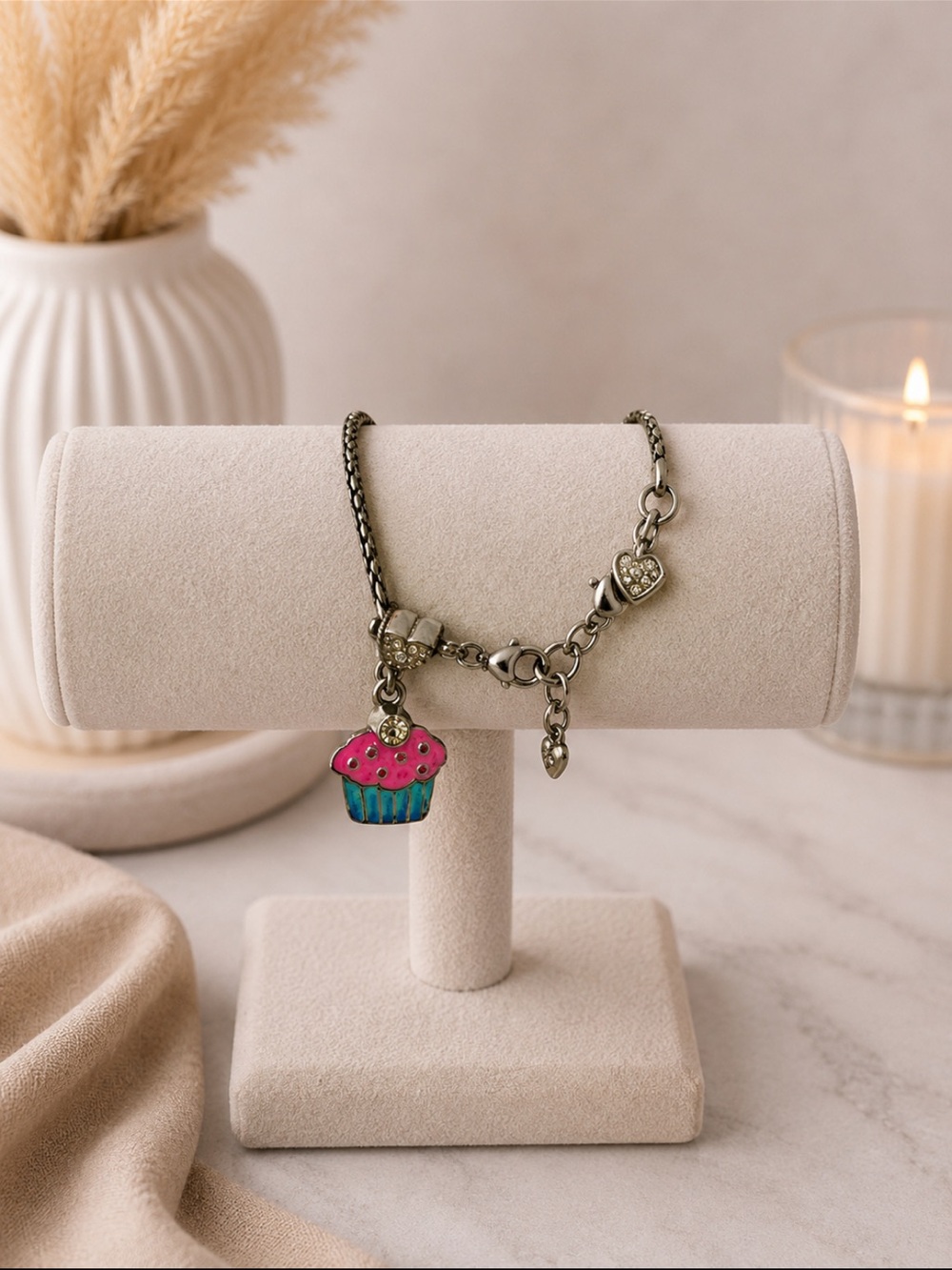 Brighton Silver Tone Cupcake Charm Bracelet | Retired Enamel Charm